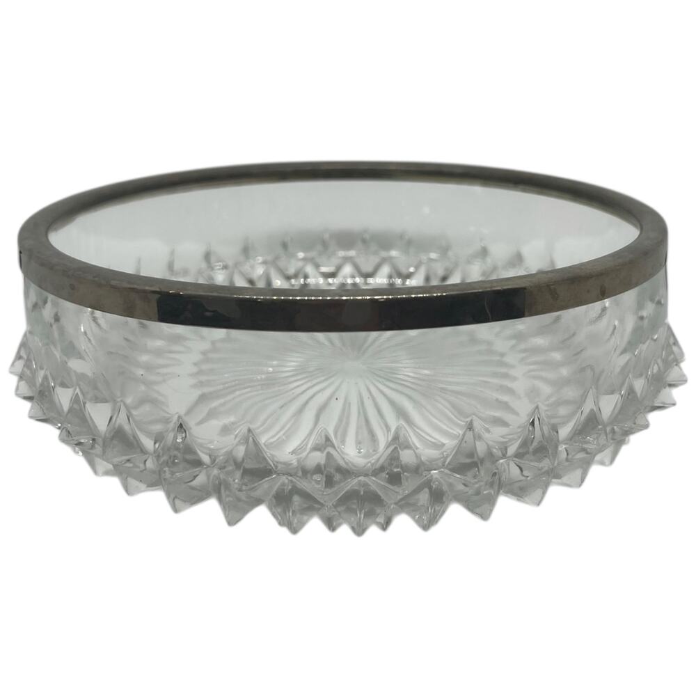 Vintage Large Heavy Pressed Glass Hobnail Serving Bowl Silver Rim
